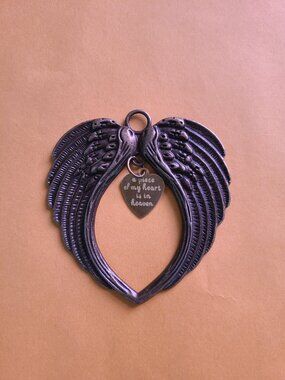Gold Tone Angel Wings Heart Pendant/Ornament “A Piece Of My Heart Is In Heaven”.